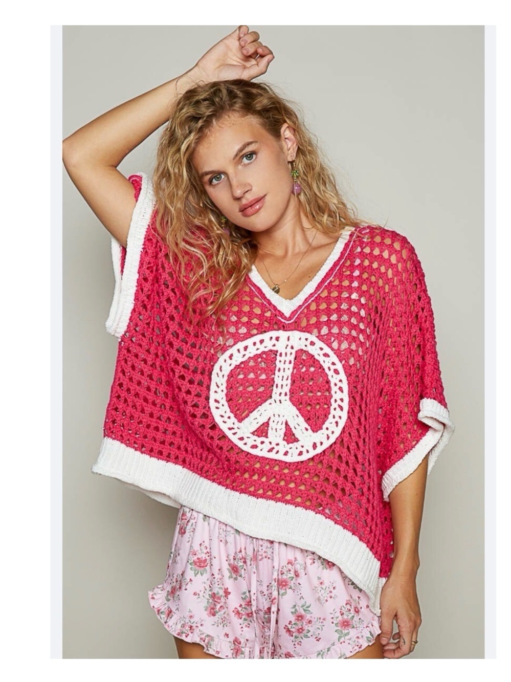 POL new Pink Crochet Open-Knit Poncho with Cream Peace Sign